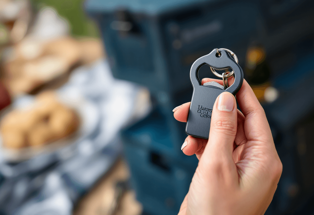 porte-clés décapsuleur personnalisé dans une main en extérieur